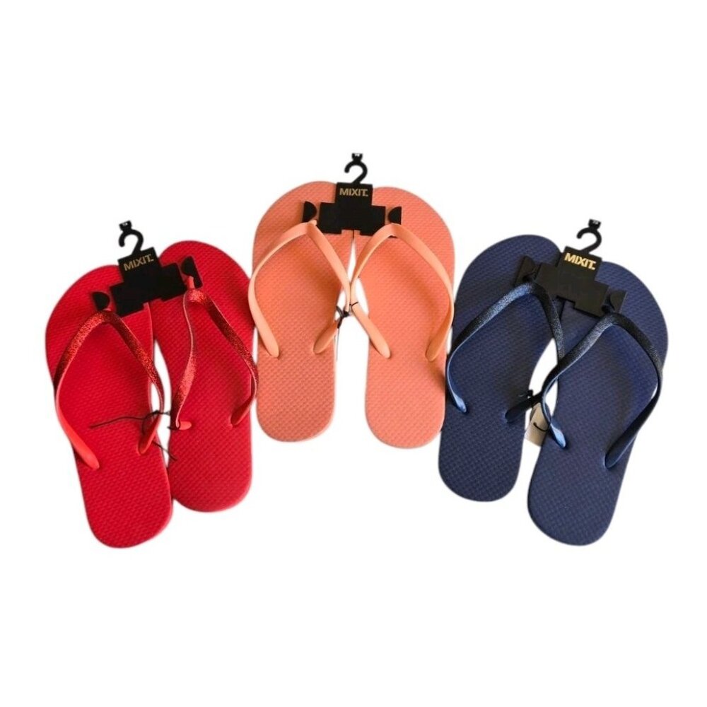 Lot Of 3 Pairs Mixit Flip Flops Womens 7/8 Red Blue Desert Peach Sandals